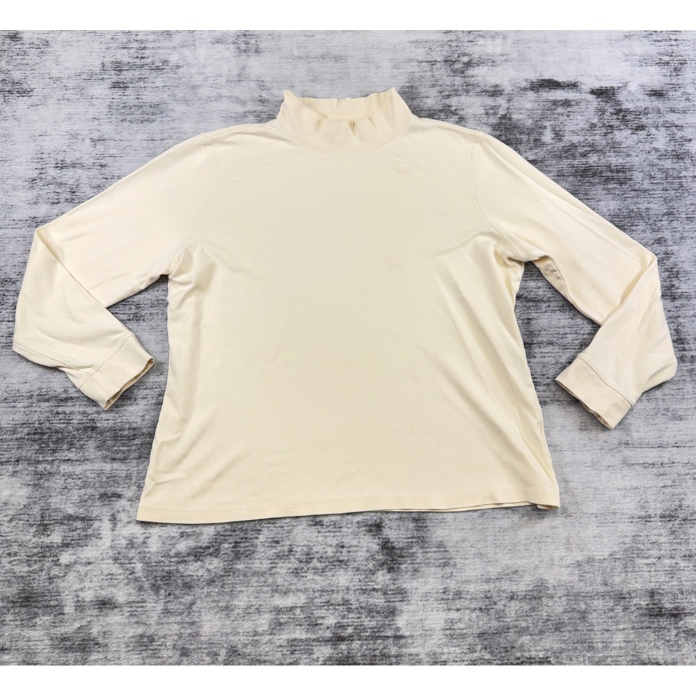 LL Bean Womens Large Cream Ivory 100% Cotton Mock Neck Long Sleeve Shirt Top